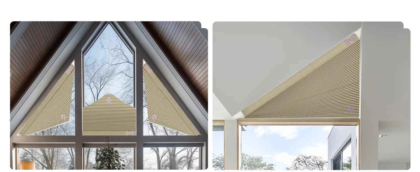 Two views of a modern home interior with odd-shaped windows and Smart Triangle Cellular Shades.