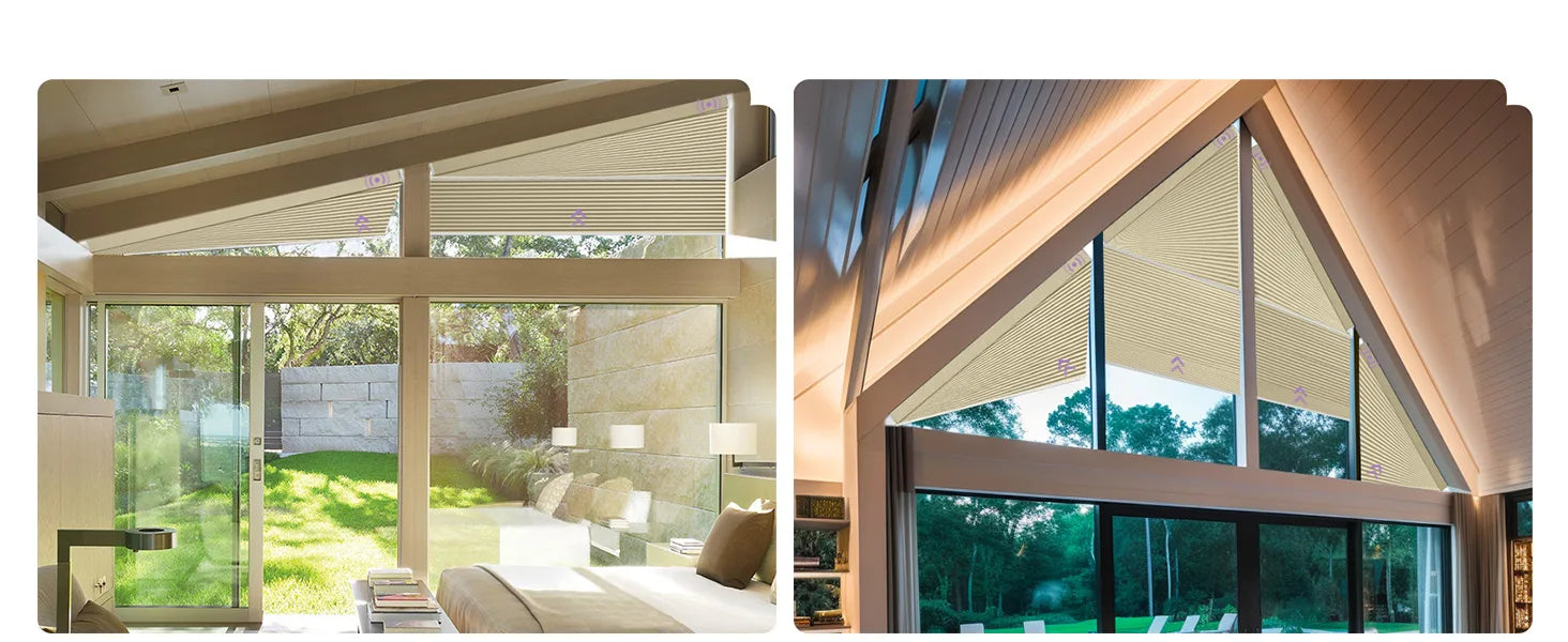 Two views of a modern home interior with odd-shaped windows and Smart Triangle Cellular Shades.