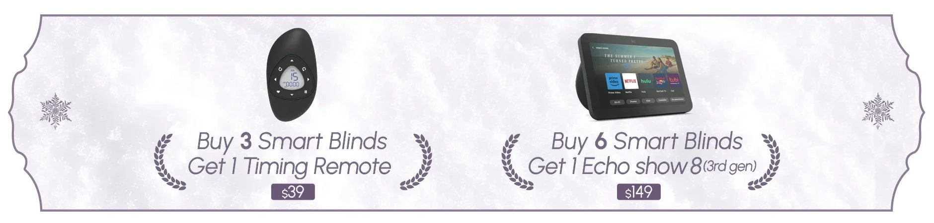 Promotional banner for smart blinds with remote and Echo show offer.