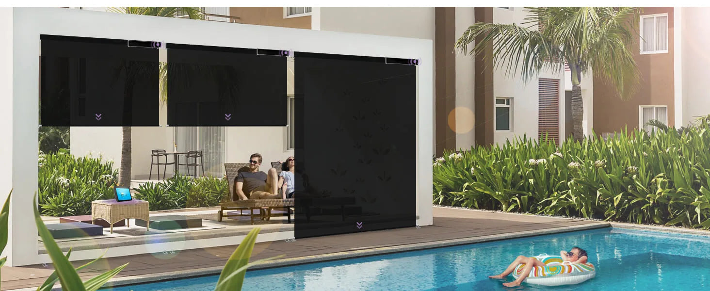 Outdoor patio area with a pool, lounge chairs, and Graywind Outdoor Shades.