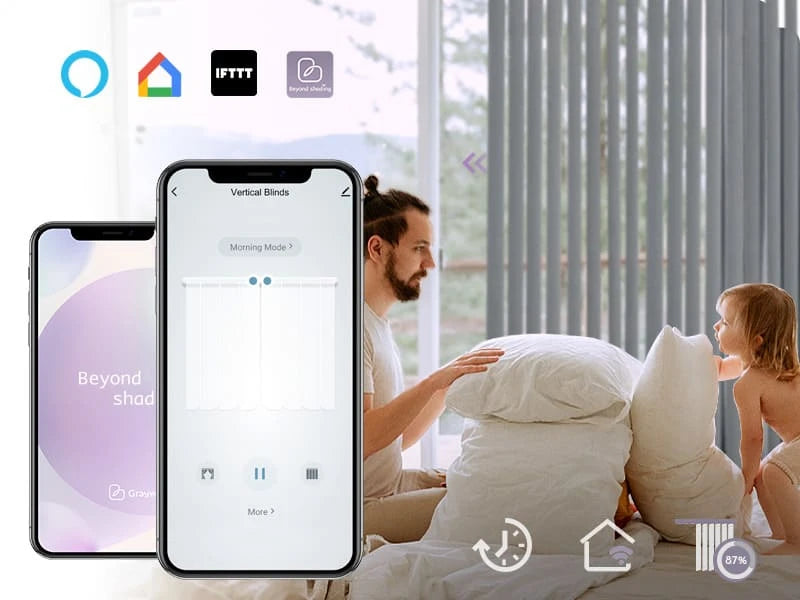 Smart home control app interface displayed on a smartphone with a man and child in the background.