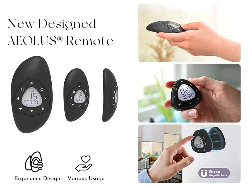 AEOLUS remote controls with ergonomic design and various usage examples.