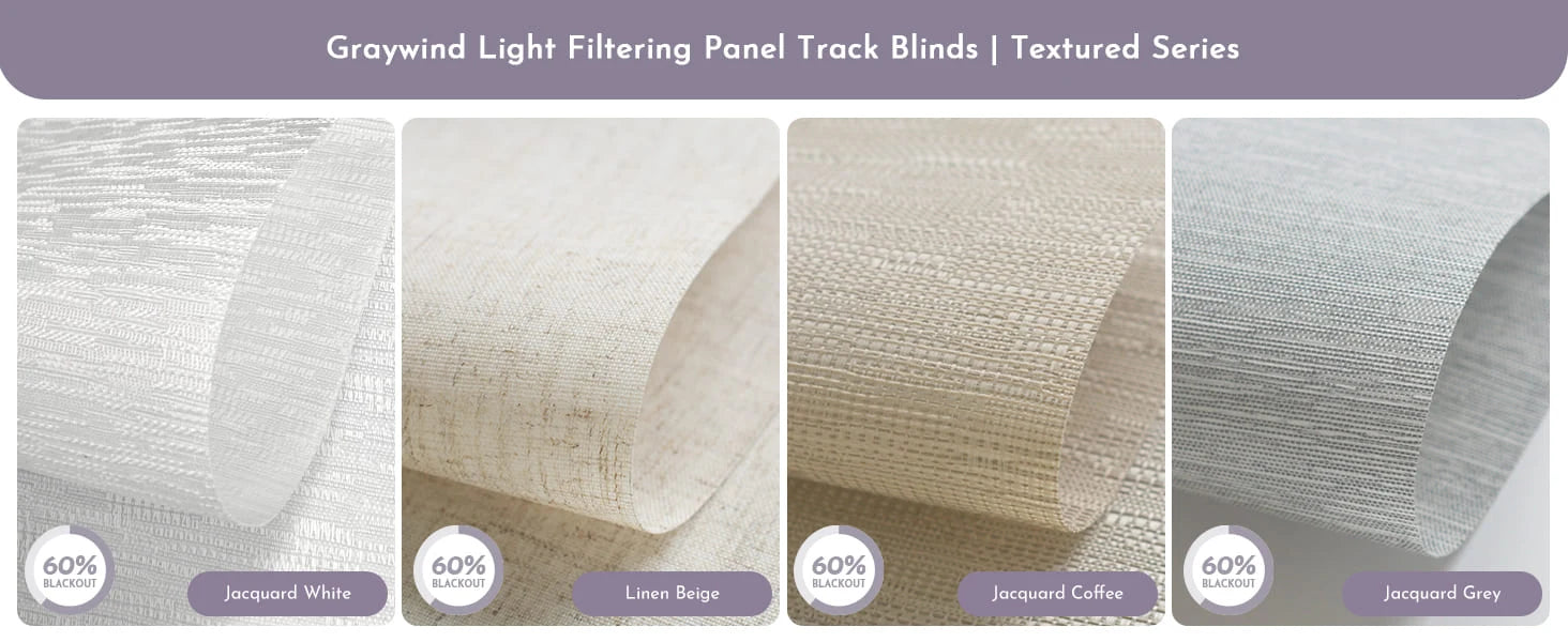 Panel Track Blinds Light Filtering Textured Series swatchs.
