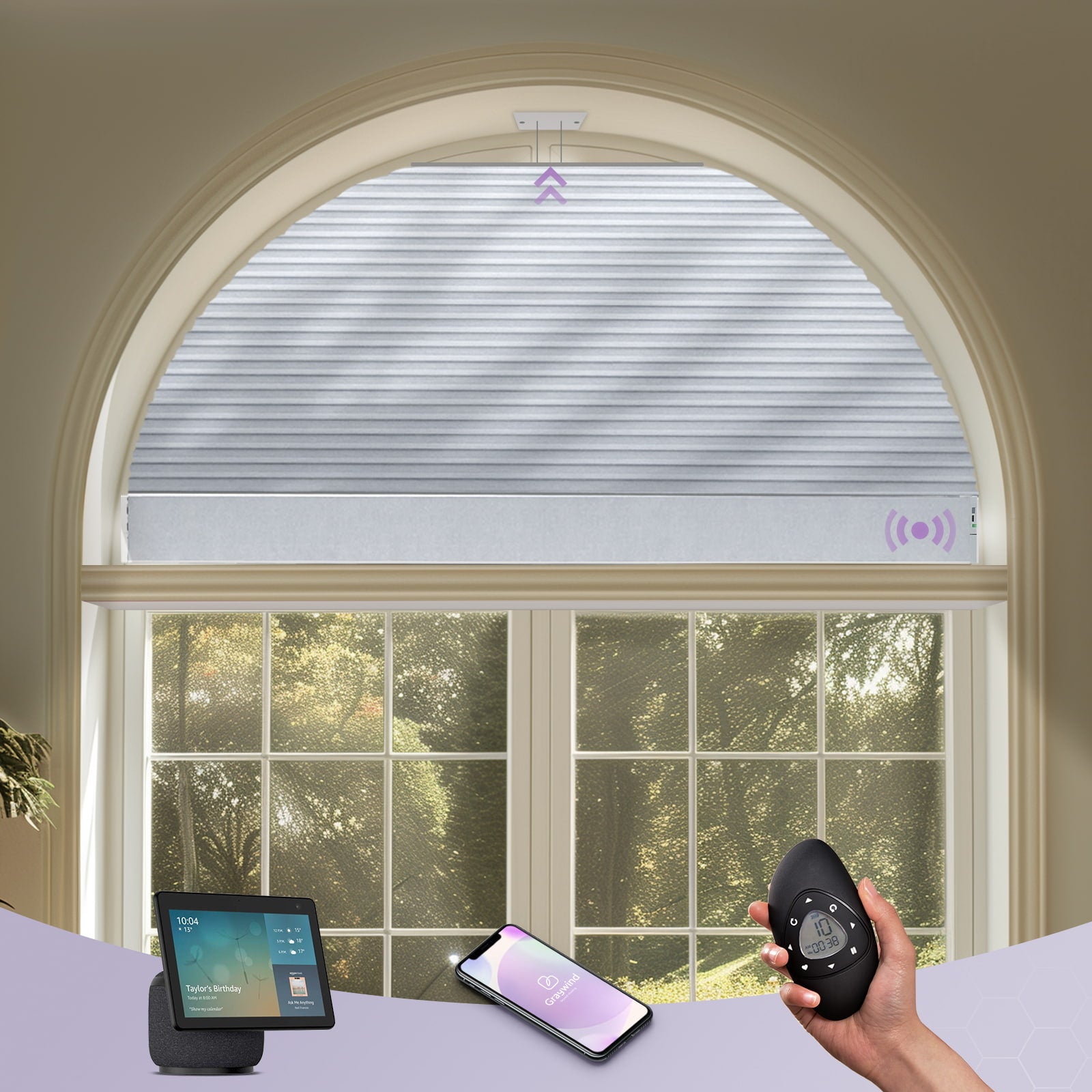 Smart home control system with remote, tablet, and smartphone in front of a window