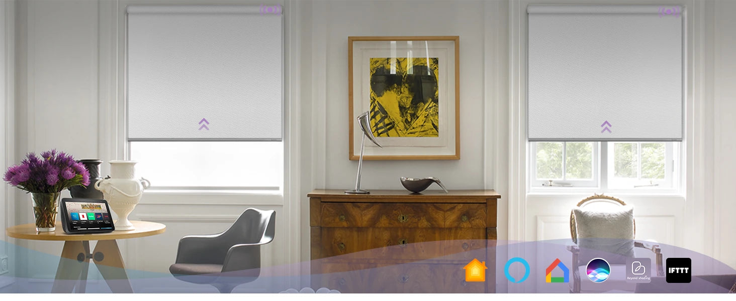 Smart home control devices on a table in a room with white walls and Roller Shades.