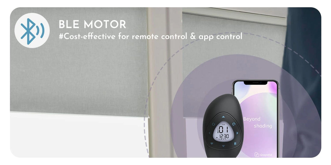 Smartphone app controling a motorized window blind with BLE motor technology.