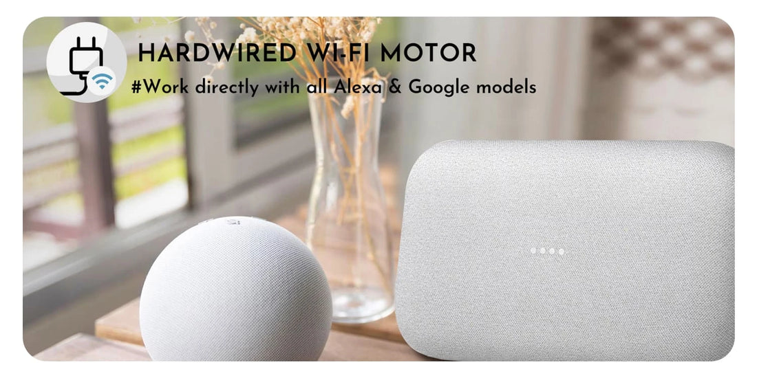 Smart speakers on a table with text about hardwired WiFi motor compatibility with Alexa and Google models.