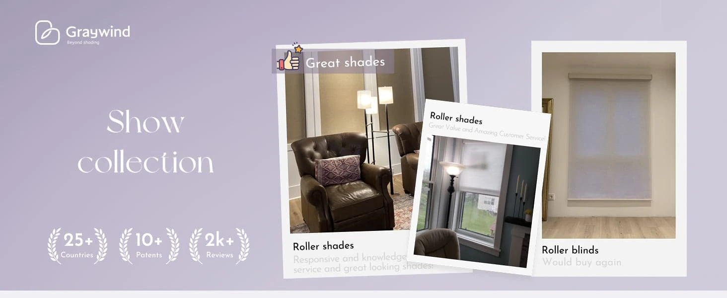 Promotional banner for Graywind window treatment collection with images of roller shades.