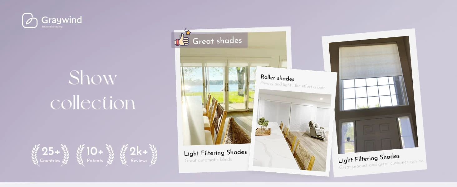 Promotional banner for Graywind window treatment collection with images of roller shades.