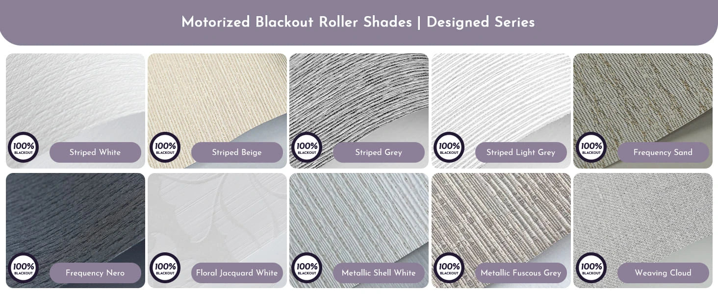 Fabric swatches for motorized blackout roller shades designed series.