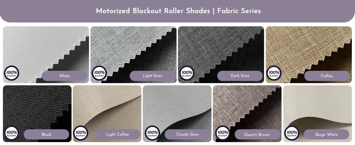 Fabric swatches for motorized blackout roller shades fabric series.