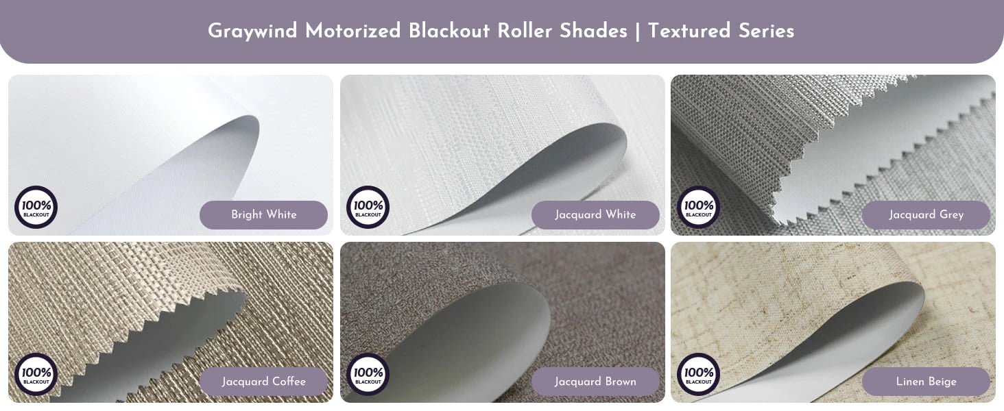 Fabric swatches for motorized blackout roller shades textured series.