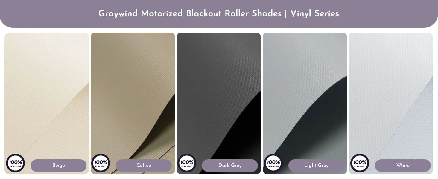 Fabric swatches for motorized blackout roller shades vinyl series.