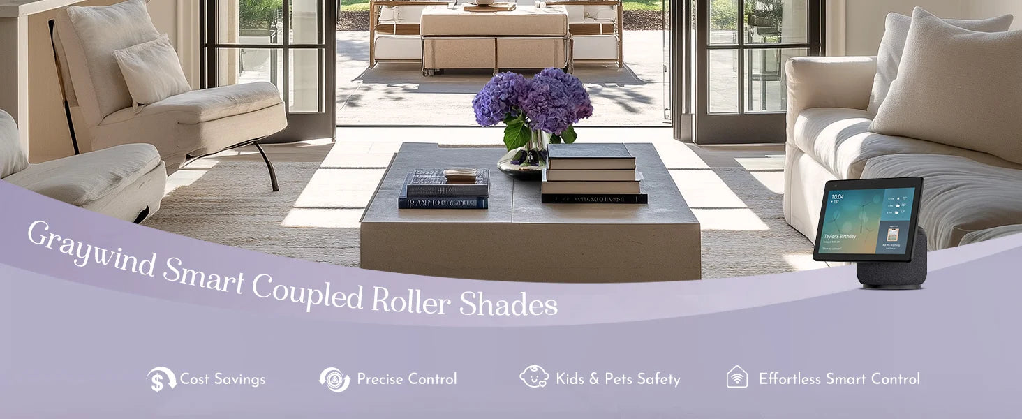 Modern living room with smart roller shades and control panel, featuring text on gray background.