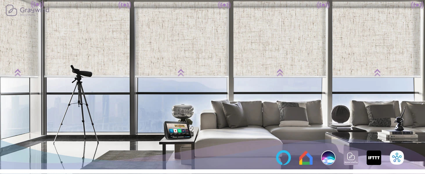 Modern living room with large windows and roller shades, sofa, and decorative items.