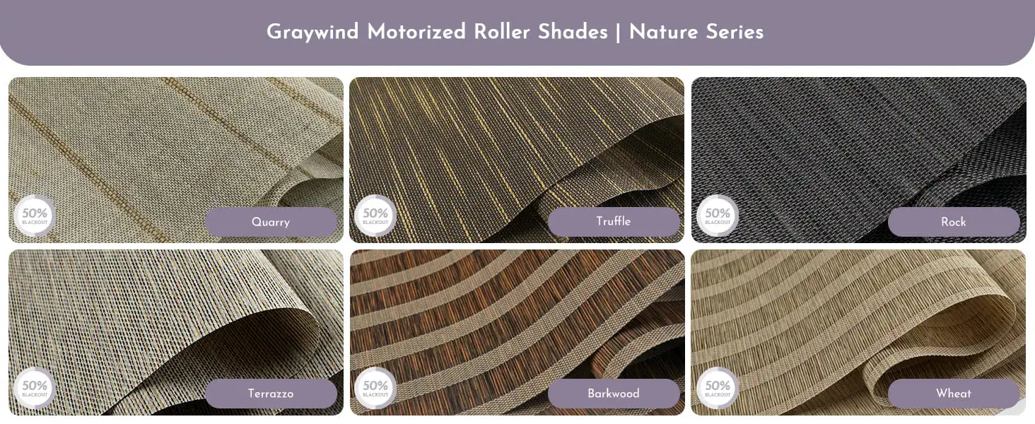 Fabric swatches for motorized light filtering roller shades nature series.