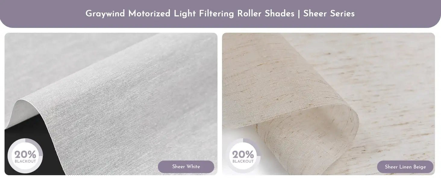 Fabric swatches for motorized light filtering roller shades sheer series.