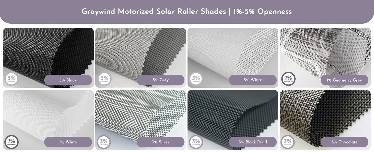 Fabric swatches for motorized light filtering roller shades solar series.