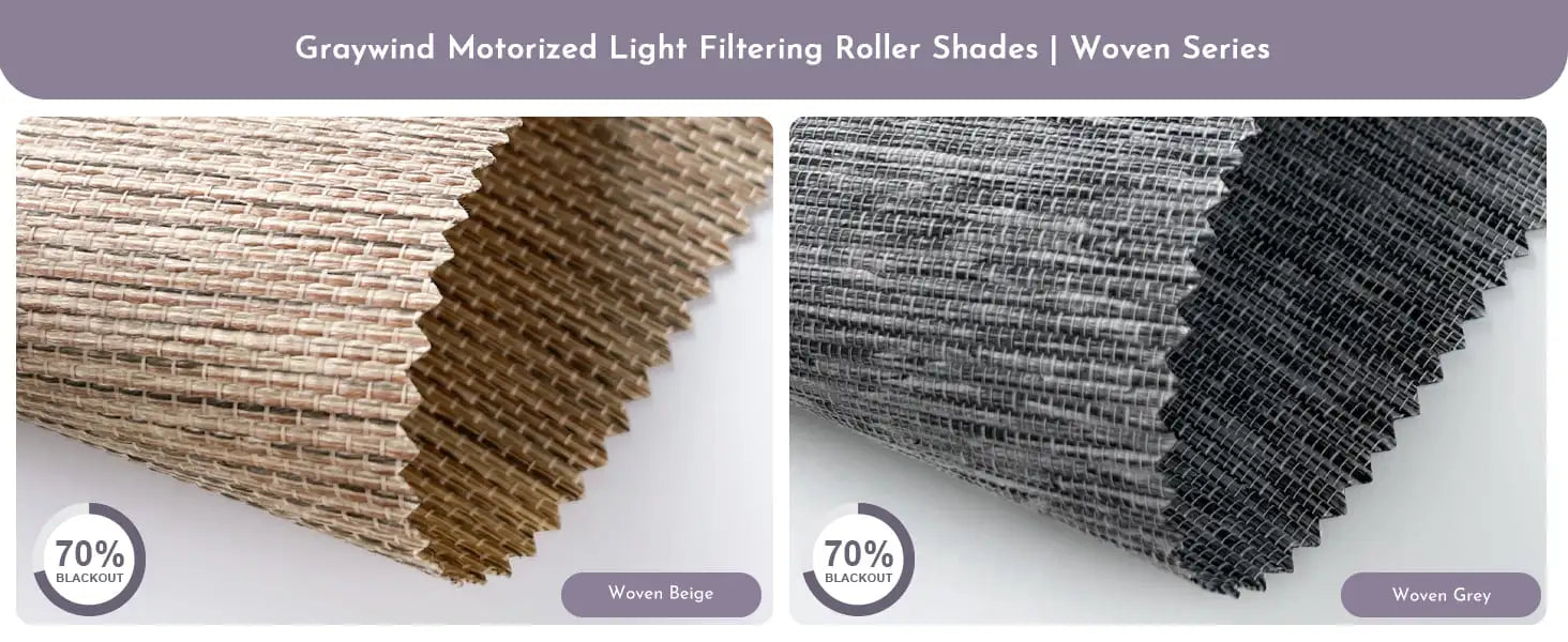 Fabric swatches for motorized light filtering roller shades woven series.
