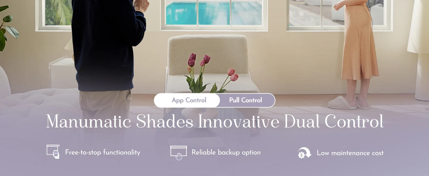Image for Manumatic Shades with two people standing in a room, text overlay about app control and pull control.