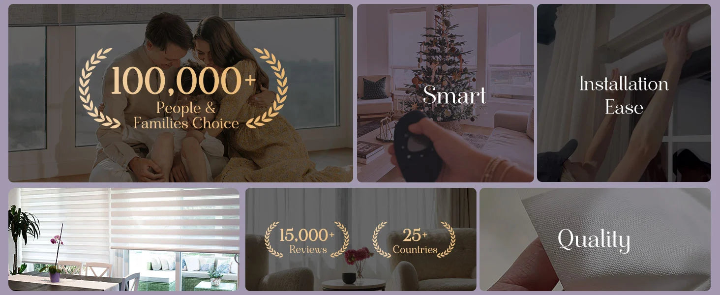 Collage of images with text about smart shades, ease, quality, and user satisfaction.