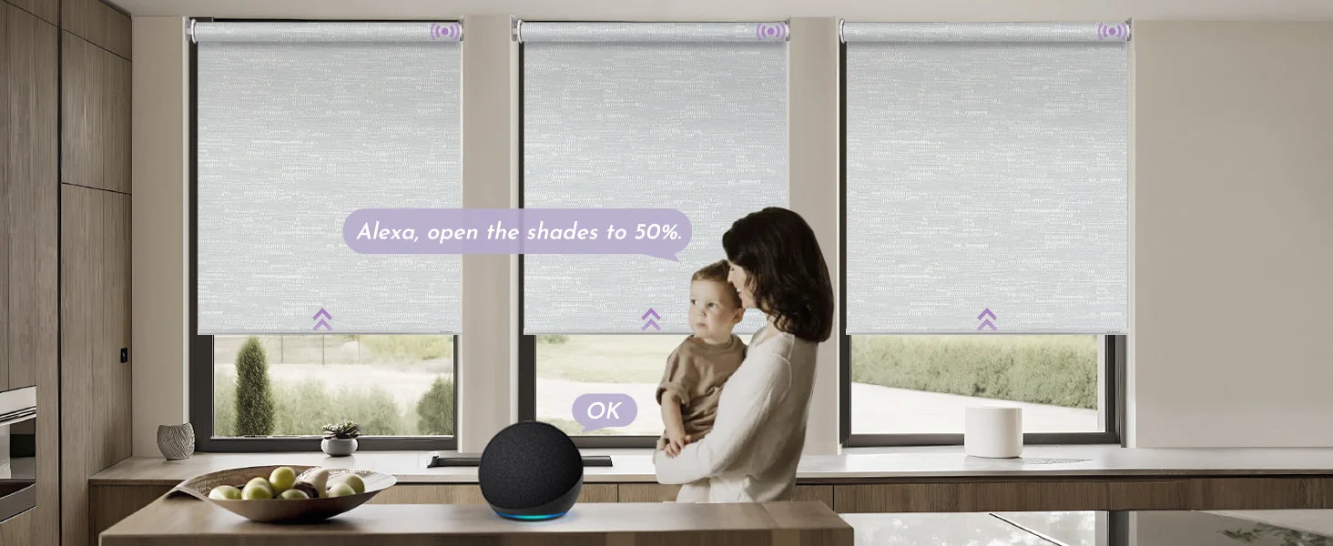 No drill roller shades controlled by a voice command in a kitchen setting.