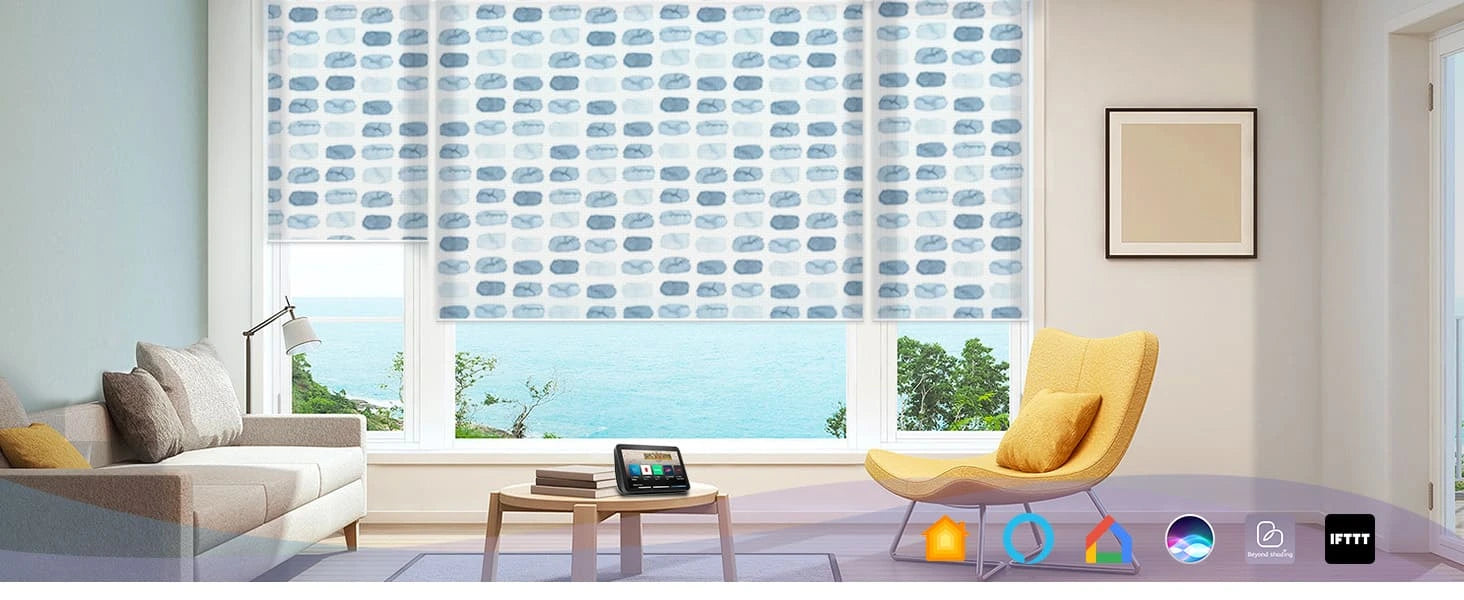 Modern living room with printed roller shades, a yellow chair, and a sofa.