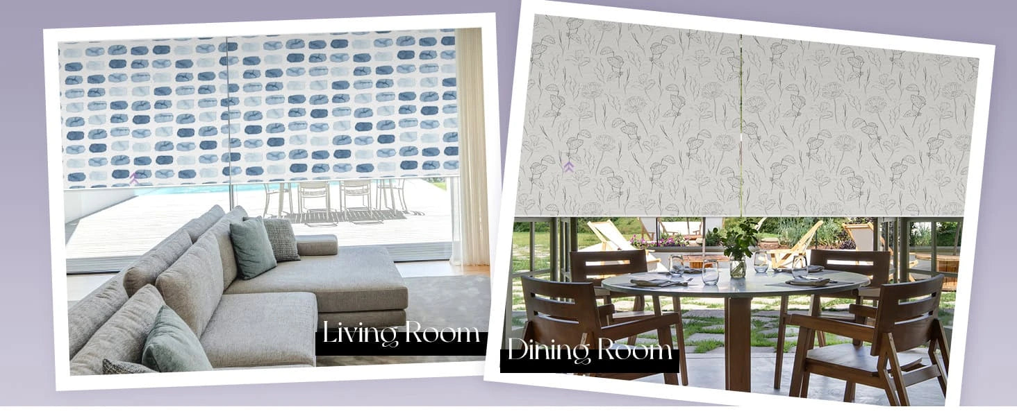 Printed roller shades in a living room and dining room setting
