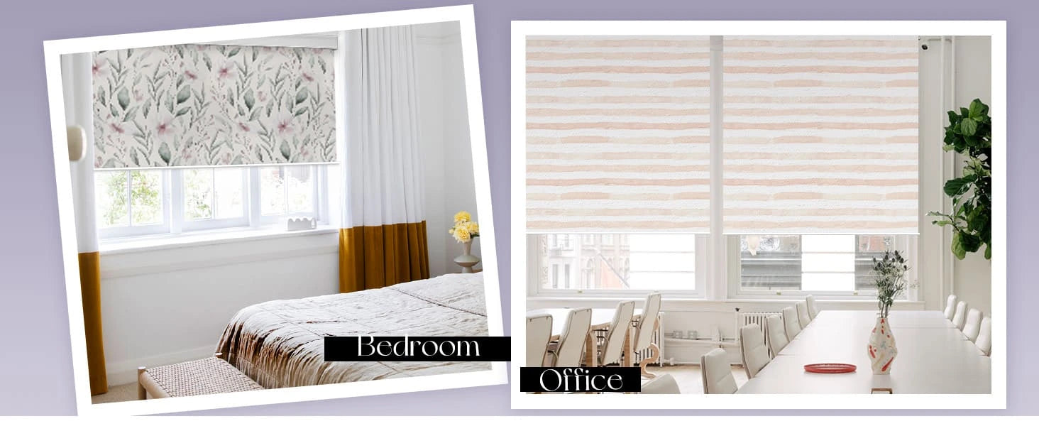 Printed roller shades in a bedroom and office