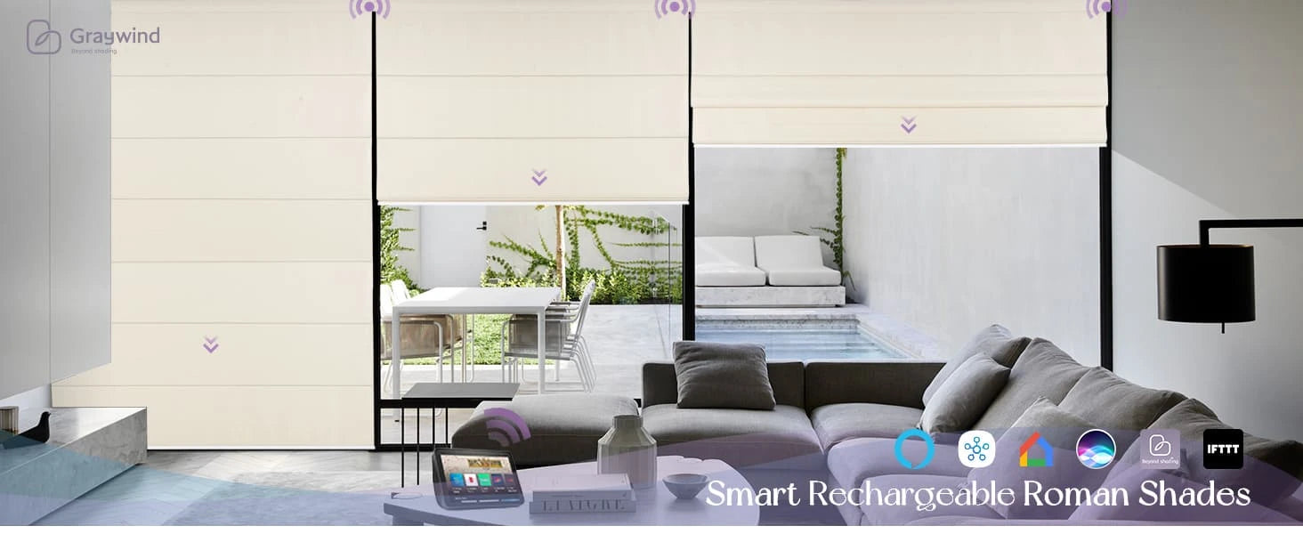 Smart Roman Shades in a modern living room setting with controlers.