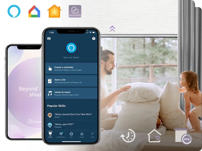 Smart home app interface displayed on a smartphone with a blurred background of a couple in bed.