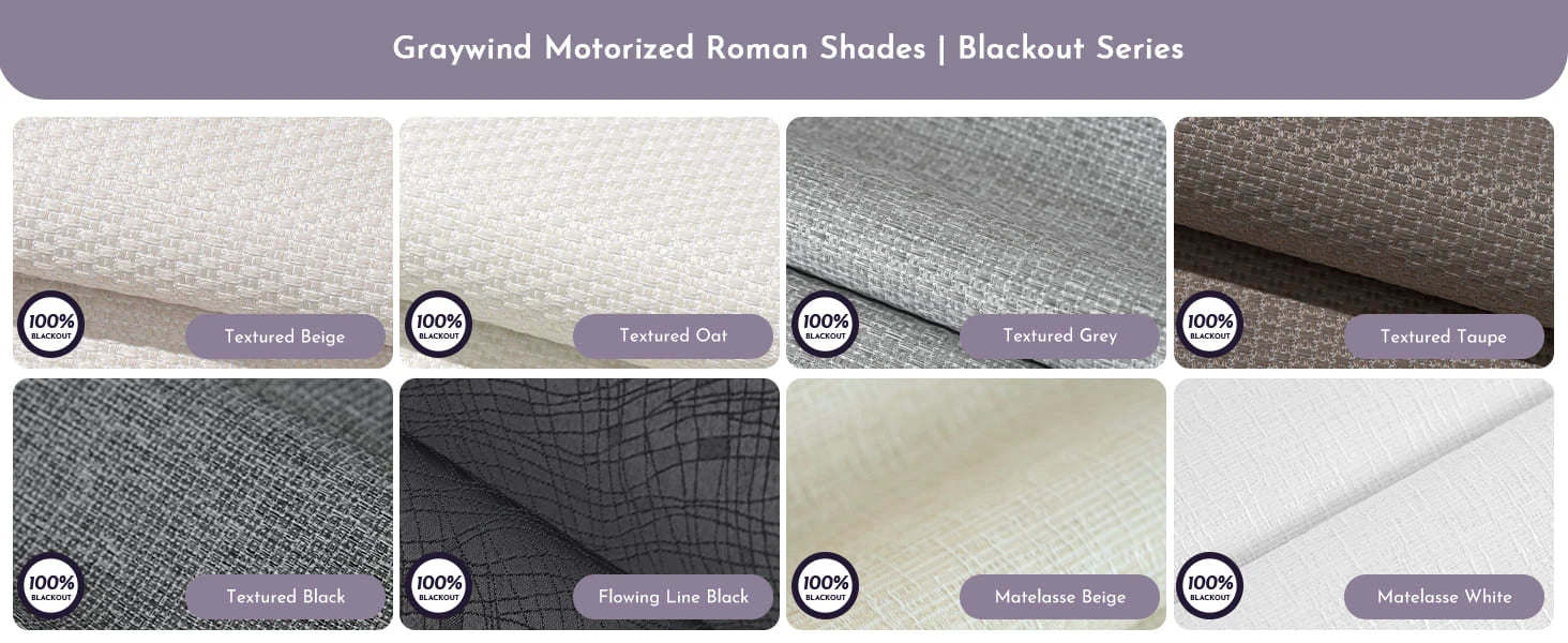 Fabric samples for Graywind Motorized Roman Shades Blackout Series.