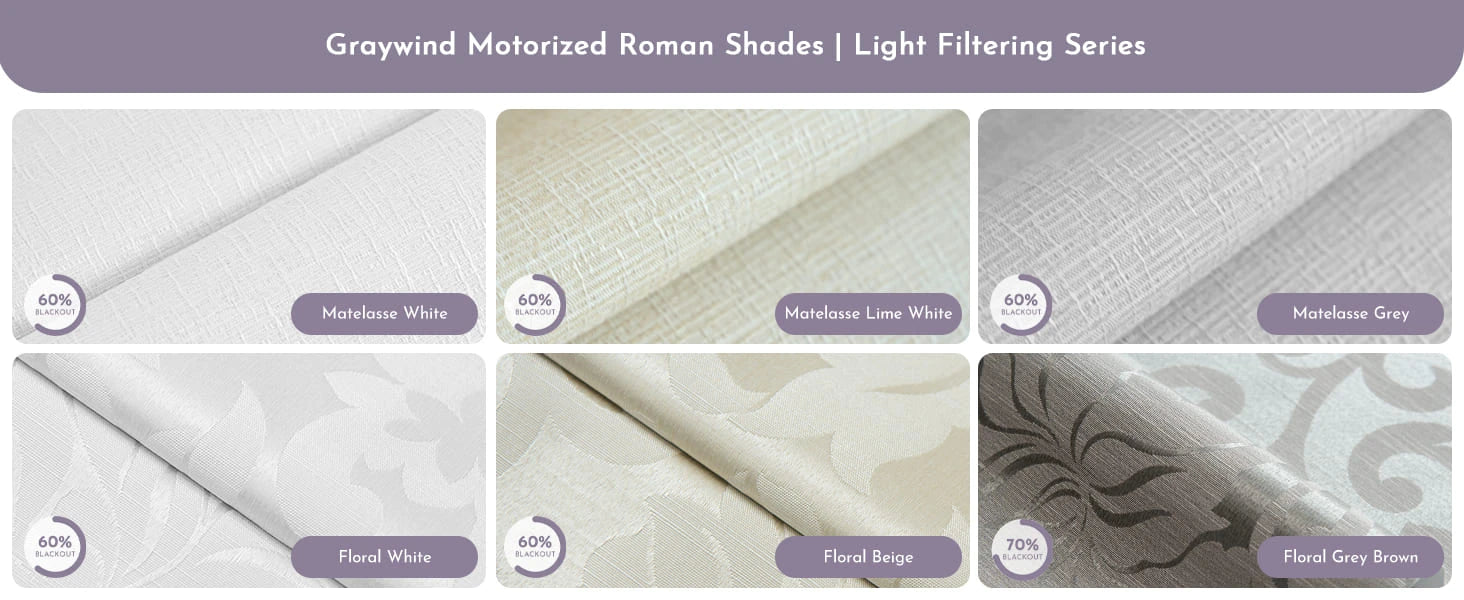 Fabric samples for Graywind Motorized Roman Shades Light Filtering Series.