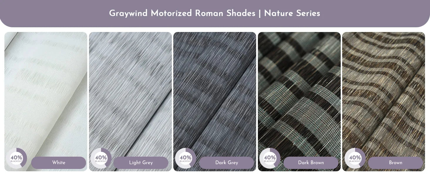 Fabric samples for Graywind Motorized Roman Shades Nature Series.
