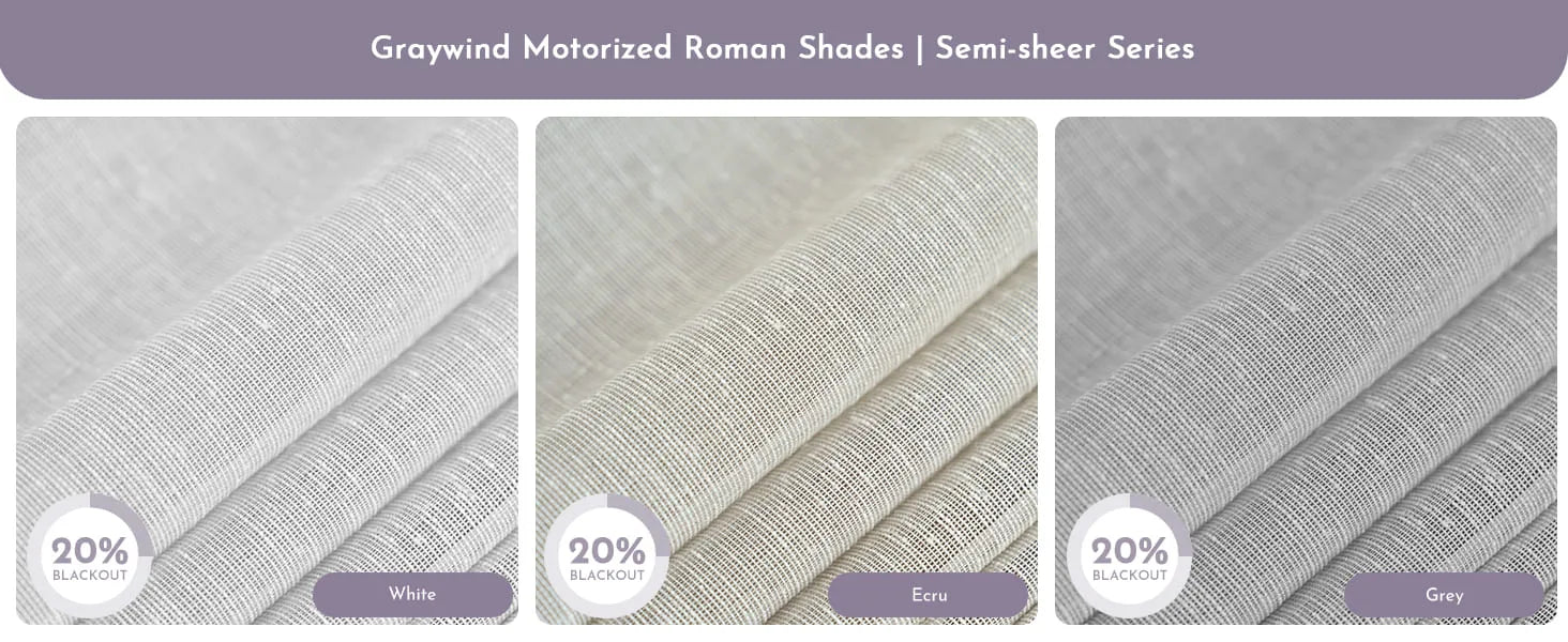 Fabric samples for Graywind Motorized Roman Shades Semi-sheer Series.