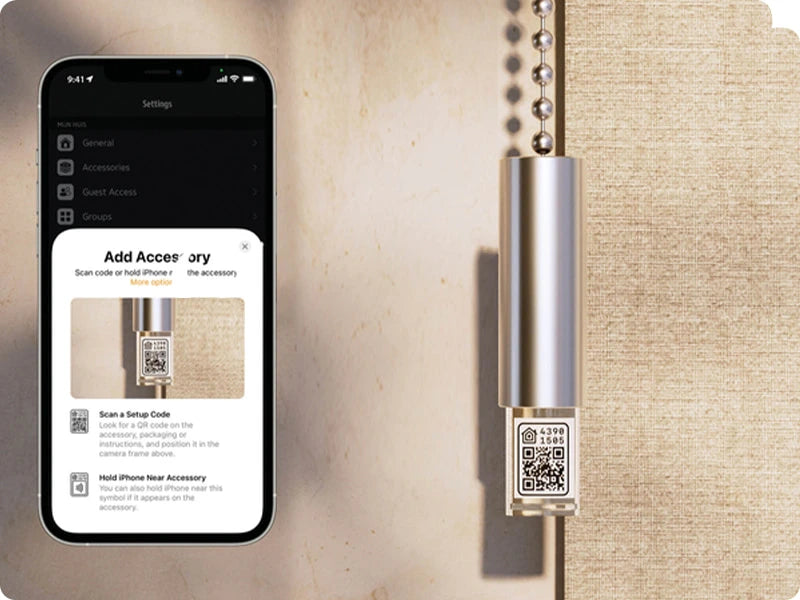 Smartphone displaying an app interface with a cylindrical metallic accessory featuring a QR code on a textured beige background.