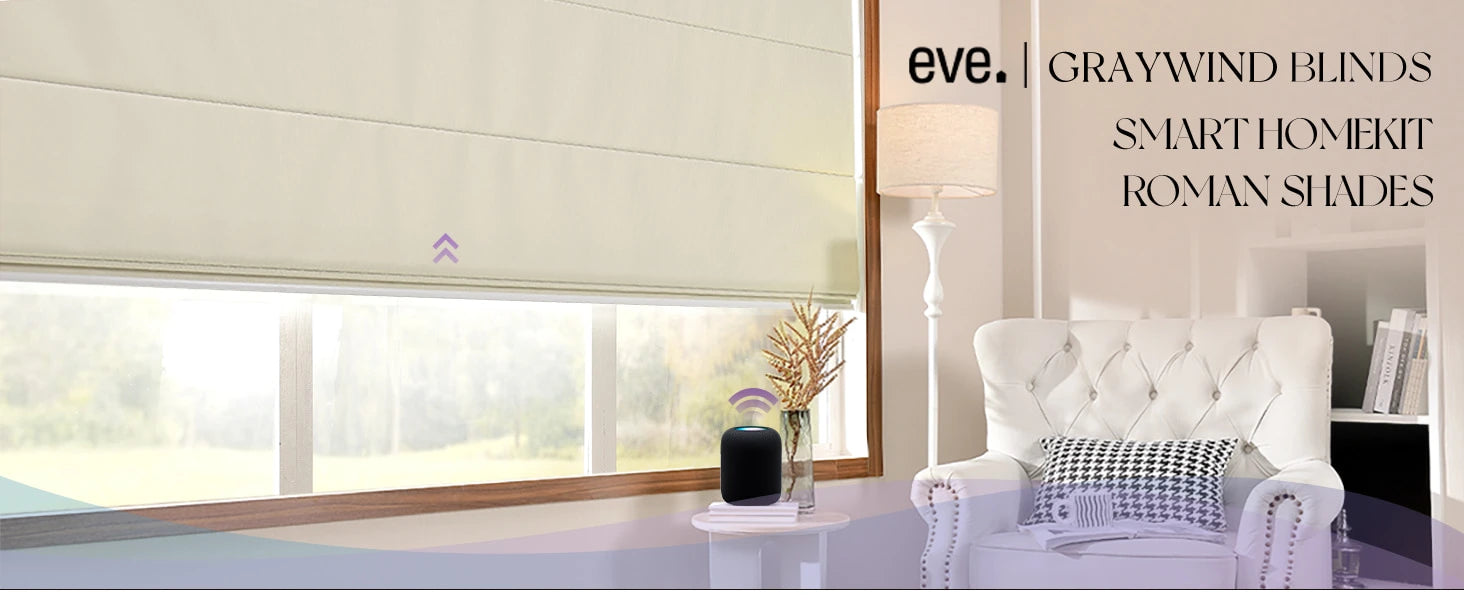 Smart homeekt roman shades with 'eve' branding in a modern living room setting.