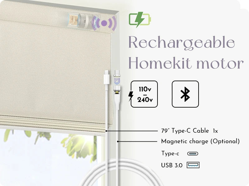 Rechargeable Homekit motor with specifications on a white background