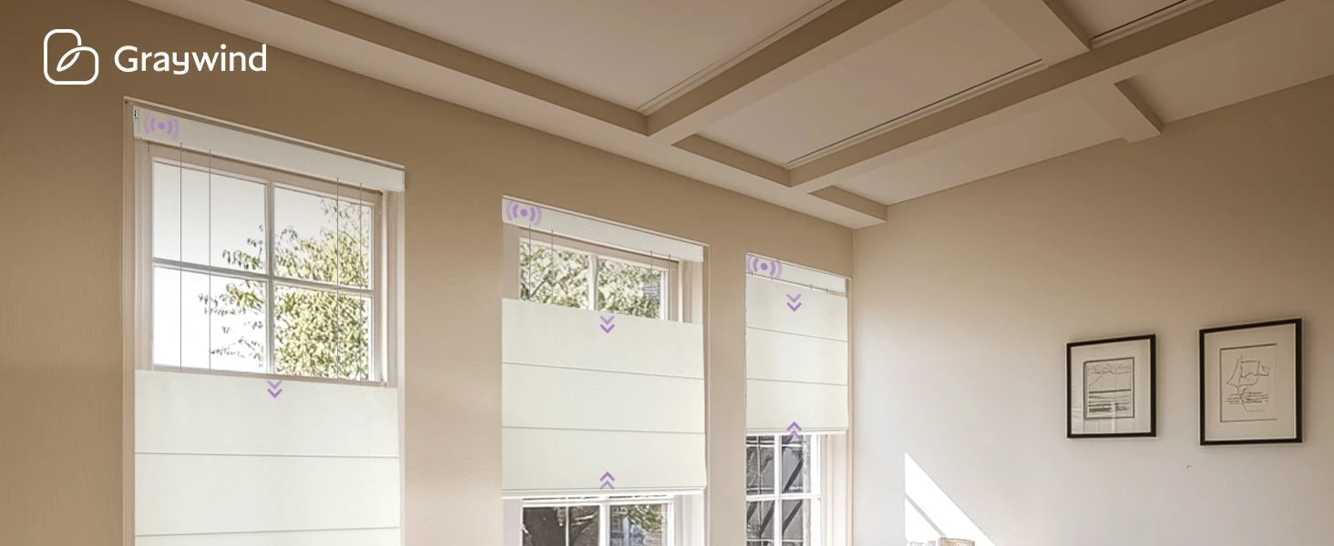 Living room with top down bottom up shades, coffered ceiling, and framed pictures on the wall.