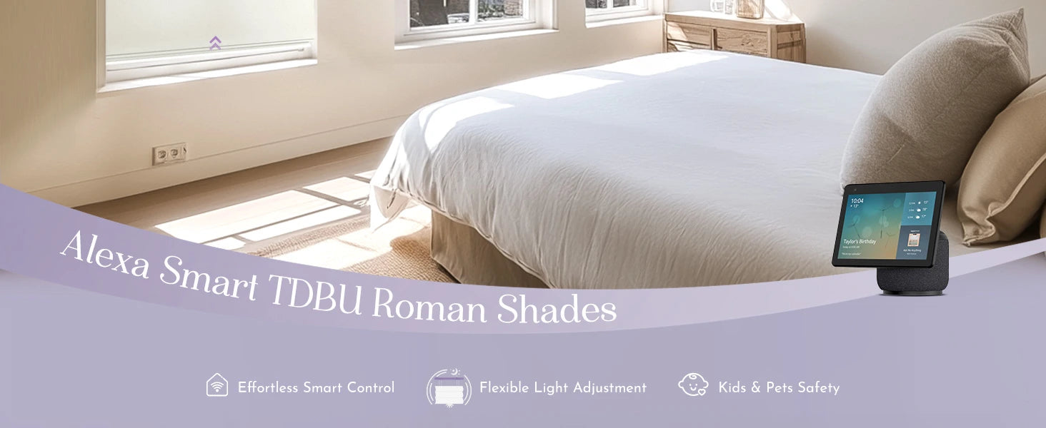Smart home control device on a bed with 'Alexa Smart TDBU Roman Shades' text.