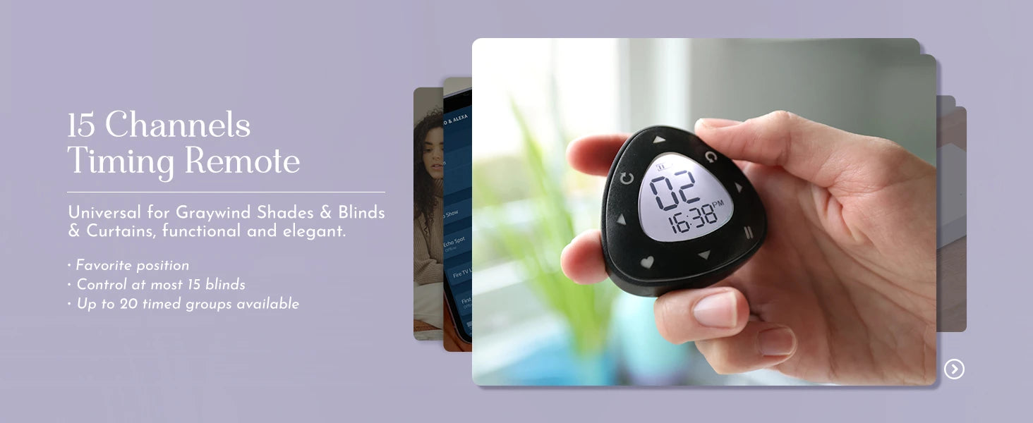 Hand holding a digital remote control with text about its features on a light purple background