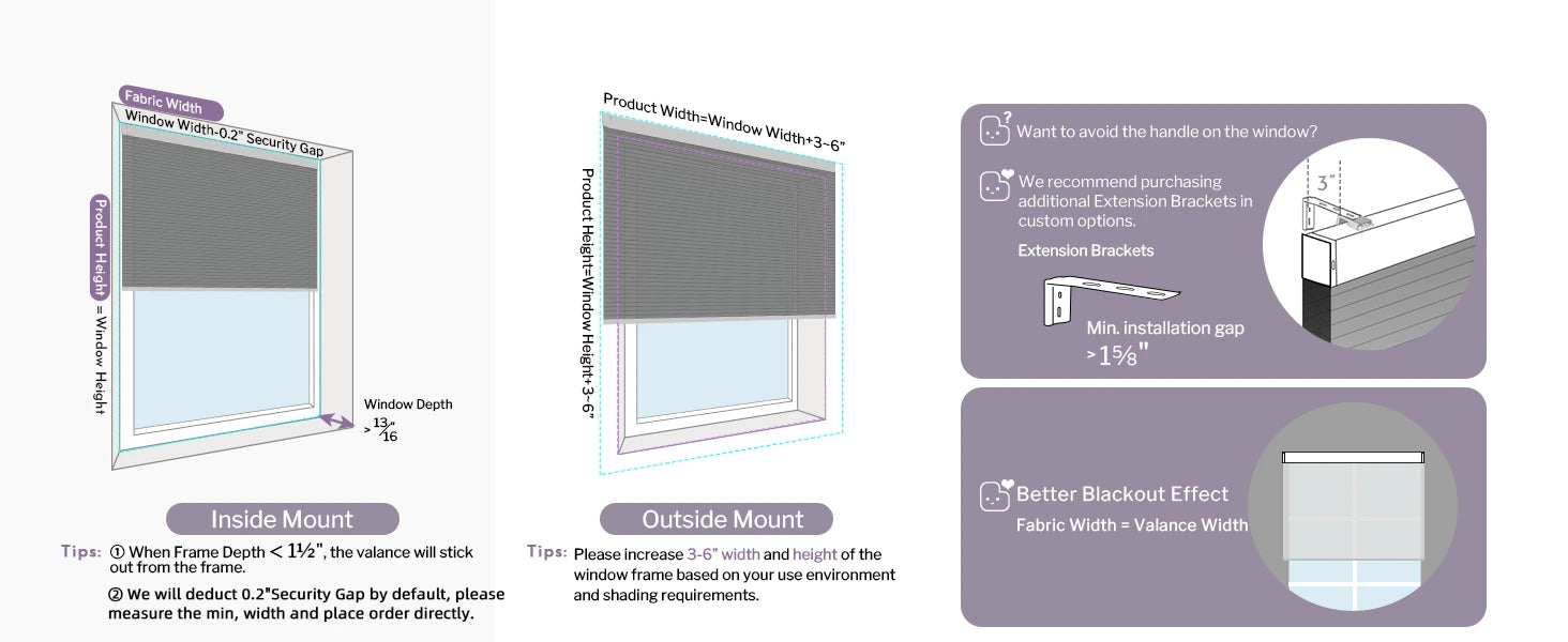 Instructions for installation and measurement of top down bottom up shades.