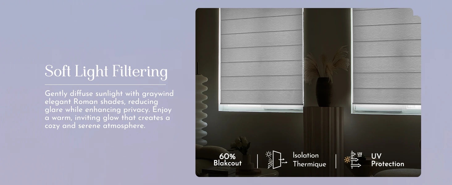 Roman shade with soft light filtering features on a gray background