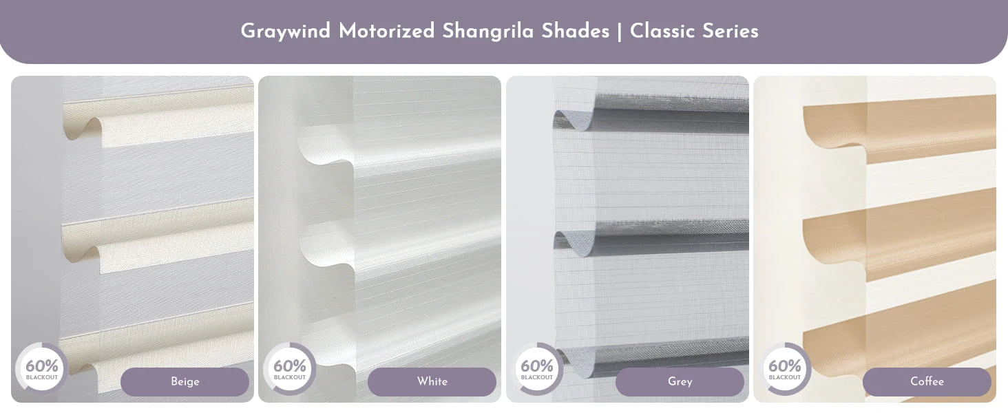 Fabric swatches for Graywind Motorized Shangrila Shades Classic Series.