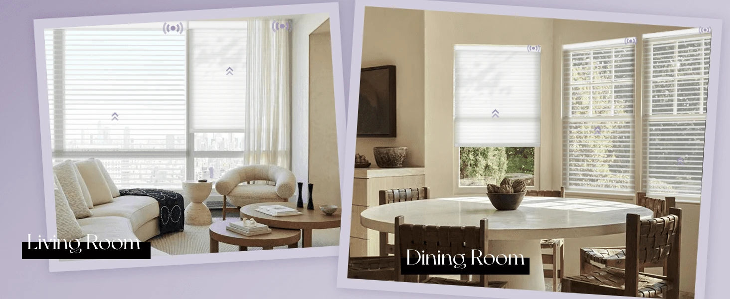 Living room and dining room with shangrila shades.