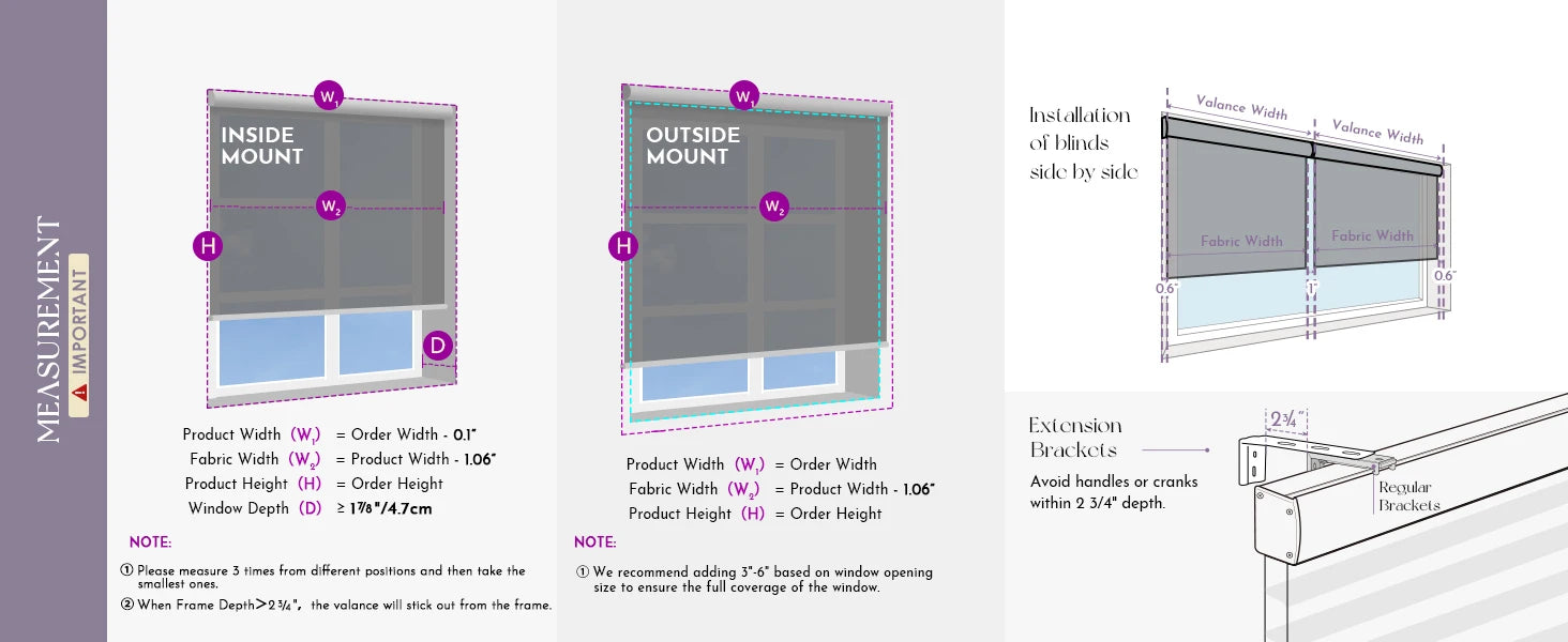 Measurement and installation details for shangrila shades.