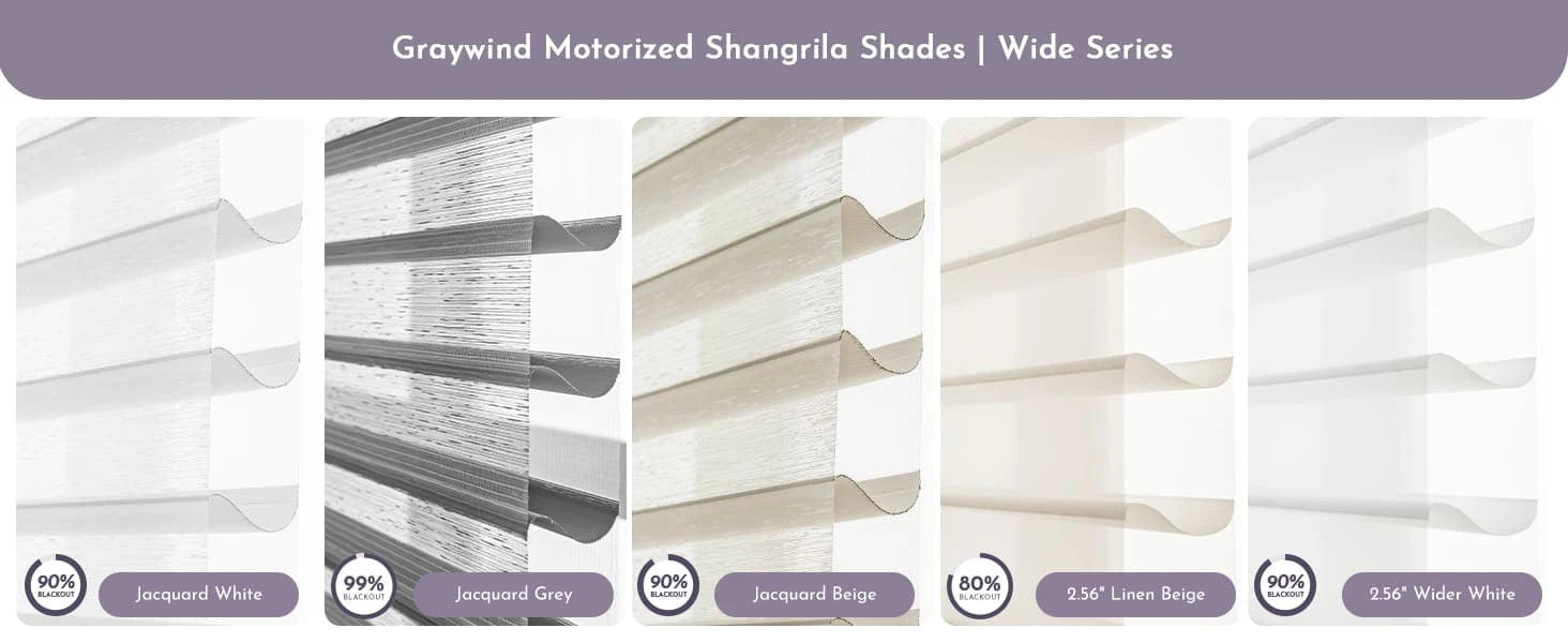 Fabric swatches for Graywind Motorized Shangrila Shades Wider Series.