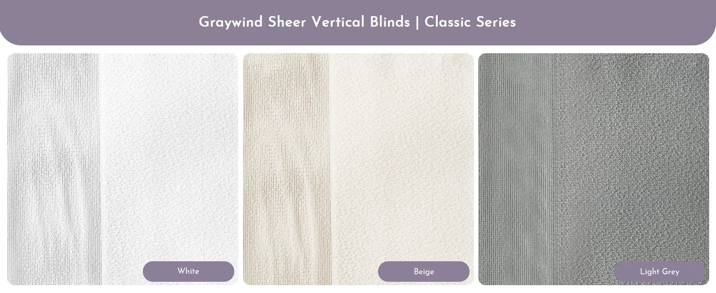 Fabric swatches for Graywind Sheer Vertical BLinds Classic Series