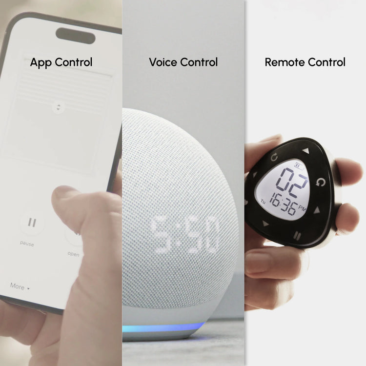 Three different control methods for skylight blinds displayed on a white background: App Control, Voice Control, and Remote Control.