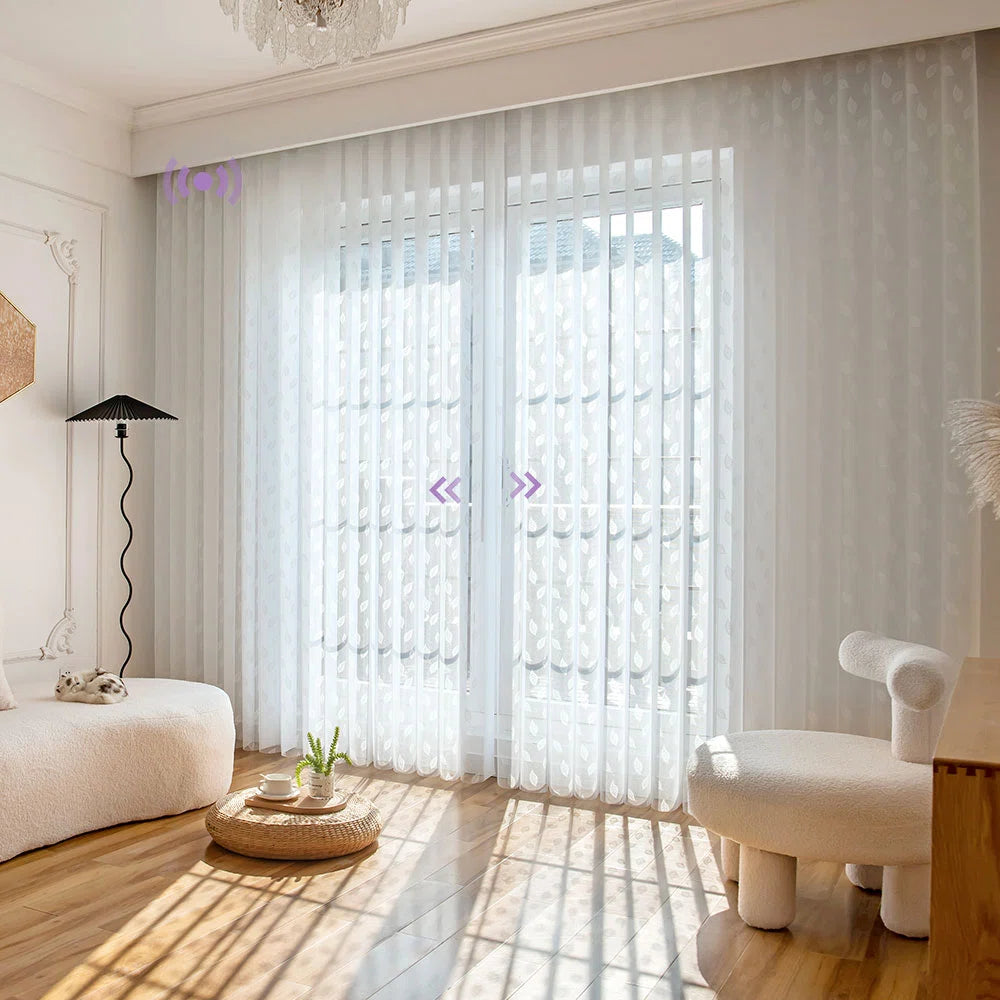 Modern living room with sheer vertical blinds and minimal decor